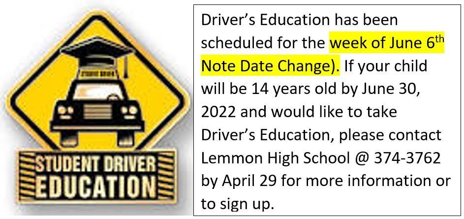 Driver's Education Class Date Change to week of June 6th