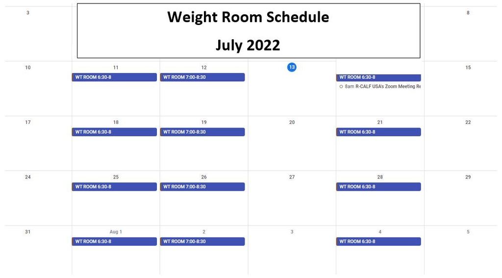 July 2022 Wt Room Schedule