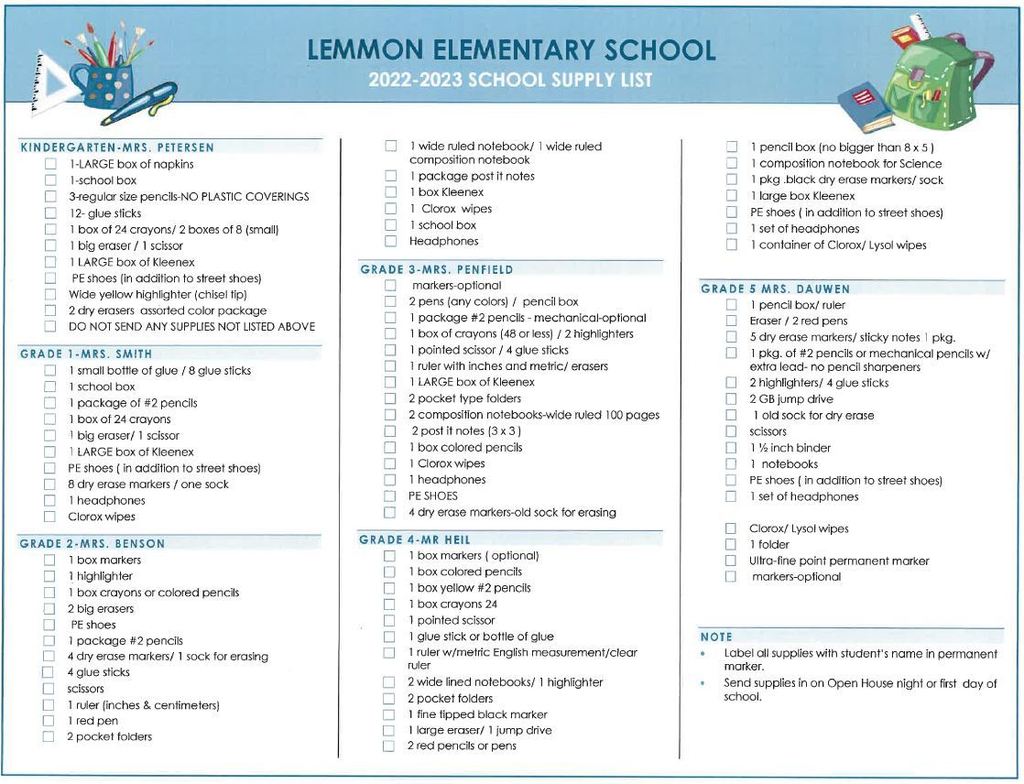 Elementary Supply List Page 1